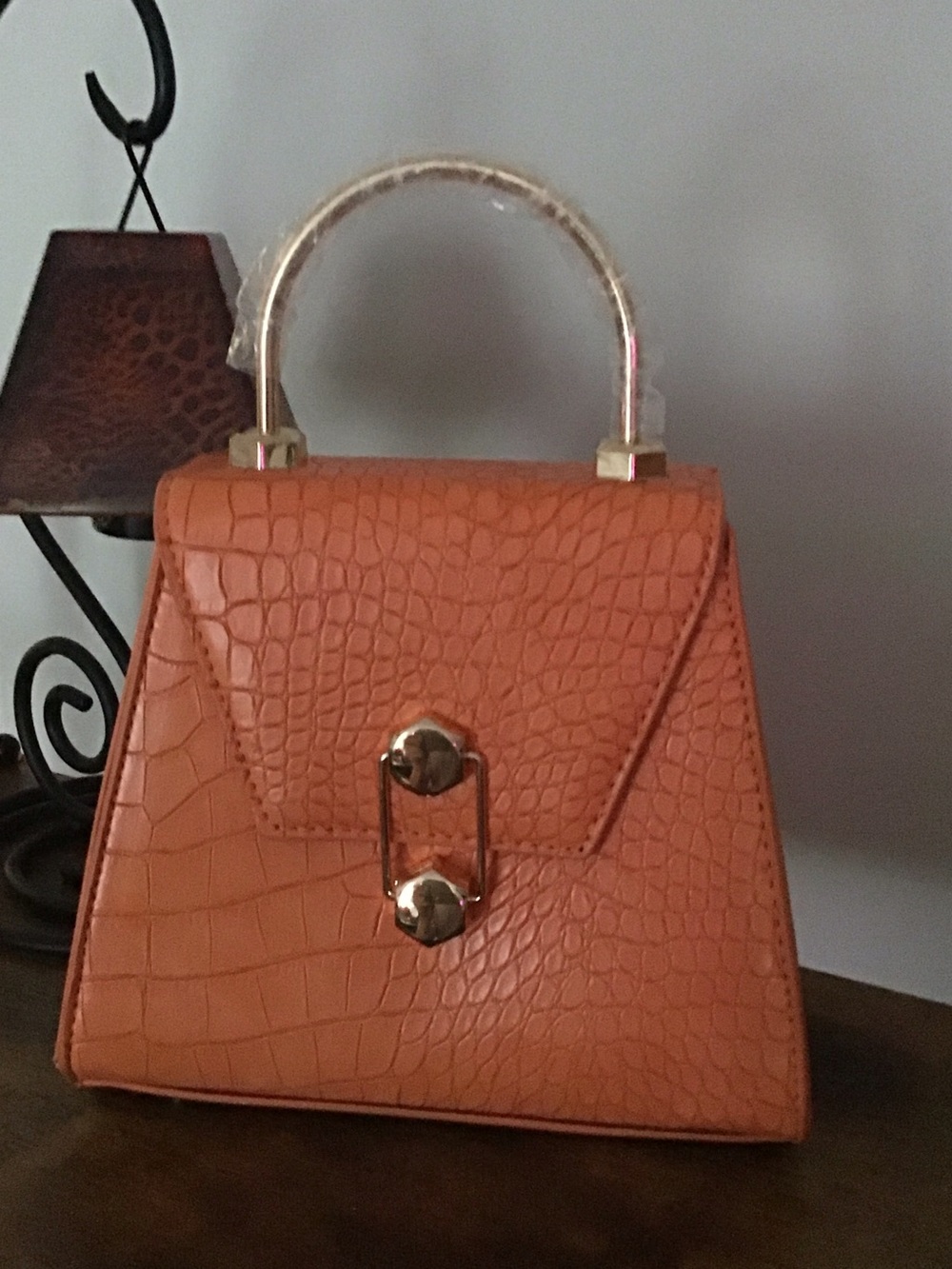 Badgley Mischka Orange Croc-Embossed Top Handle Bag